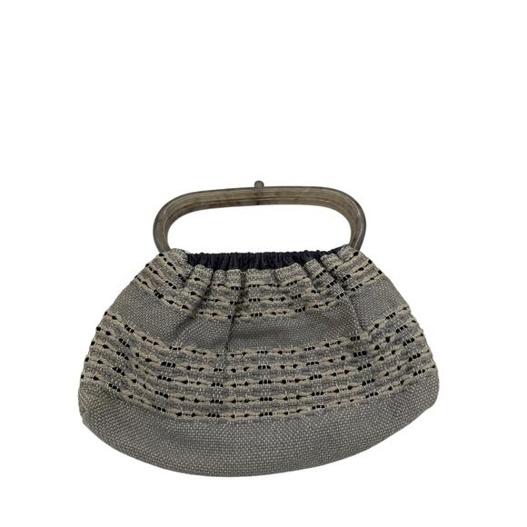 Vintage Antique 60's Style Macrame Top Handle Bag*Beautiful Navy Silver Threads - Picture 1 of 13